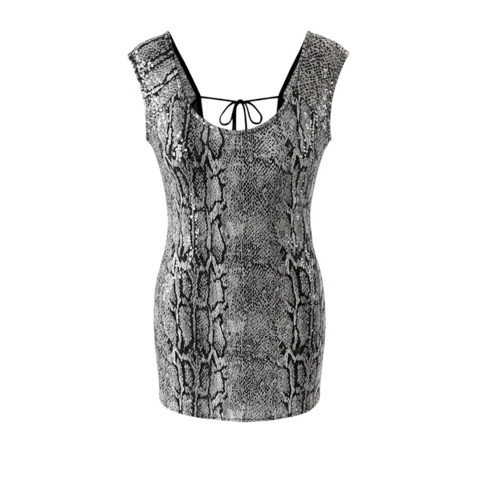 MB Sebastian Snakeskin Sequin Mini Dress Grey Black Animal Print Deep V-Back M
